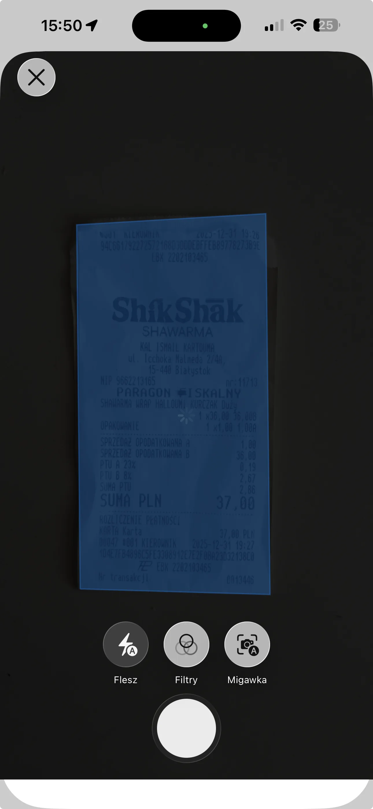 Scanning a receipt with ReceiptSplit camera
