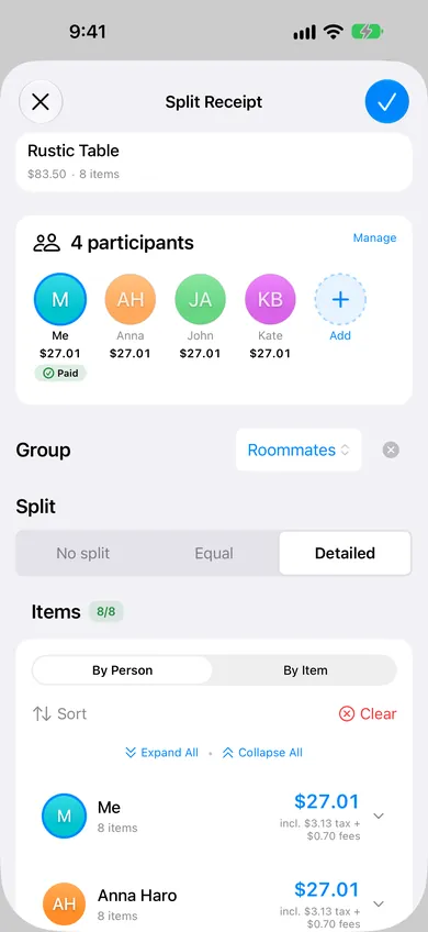 L'appli ReceiptSplit montrant les articles attribués à différentes personnes avec des totaux individuels