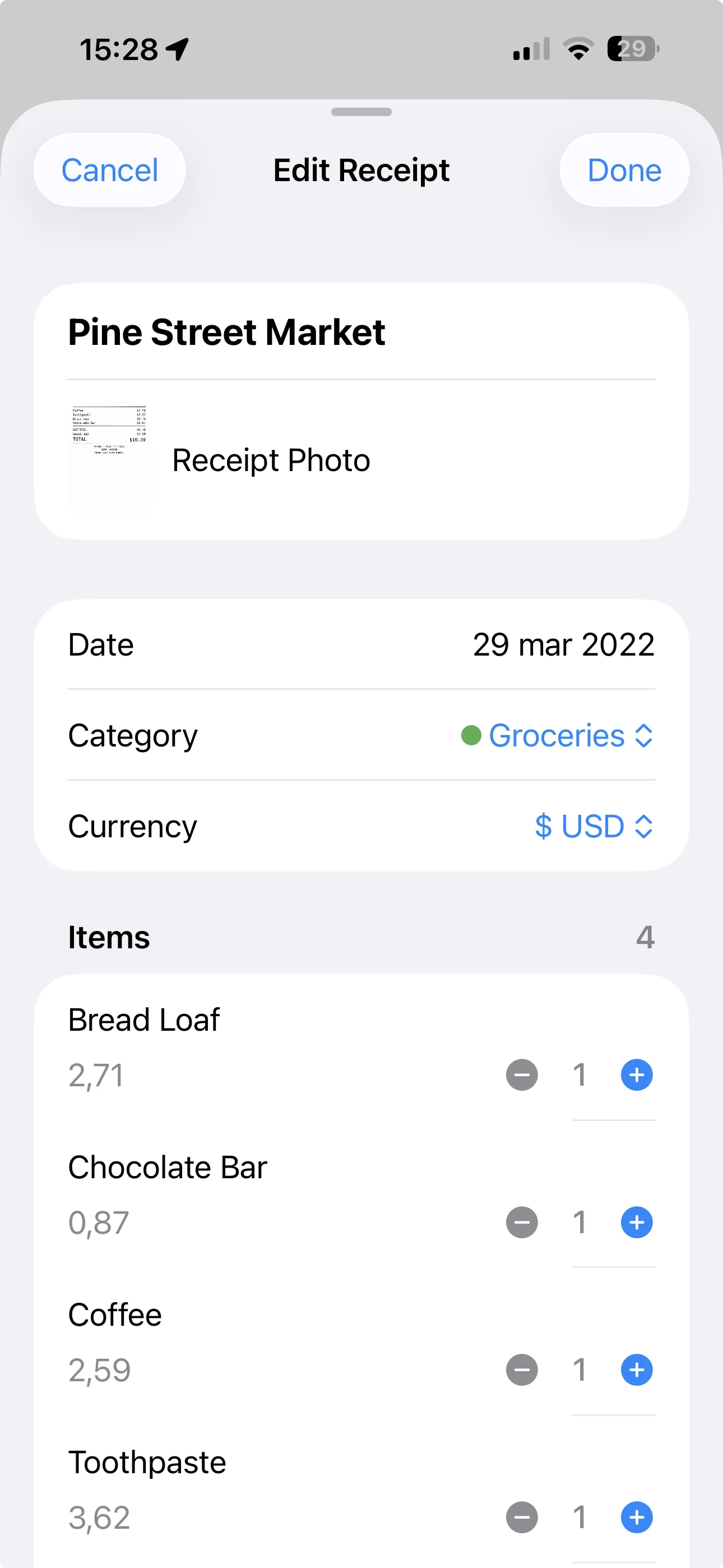AI-parsed receipt showing extracted items and prices