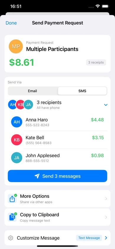 ReceiptSplit payment request screen showing itemized breakdown ready to send via SMS or email
