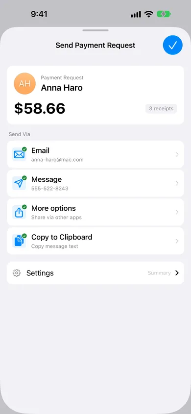 Écran de demande de paiement ReceiptSplit montrant le détail par article prêt à être envoyé par SMS ou e-mail