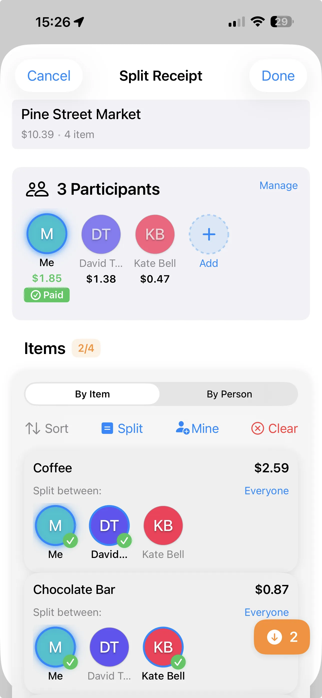 Assigning receipt items to friends