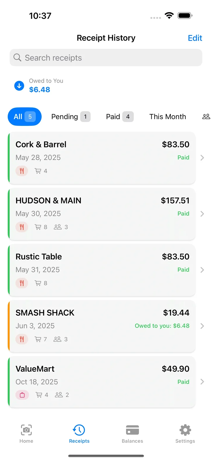 Receipt history list with search and filters