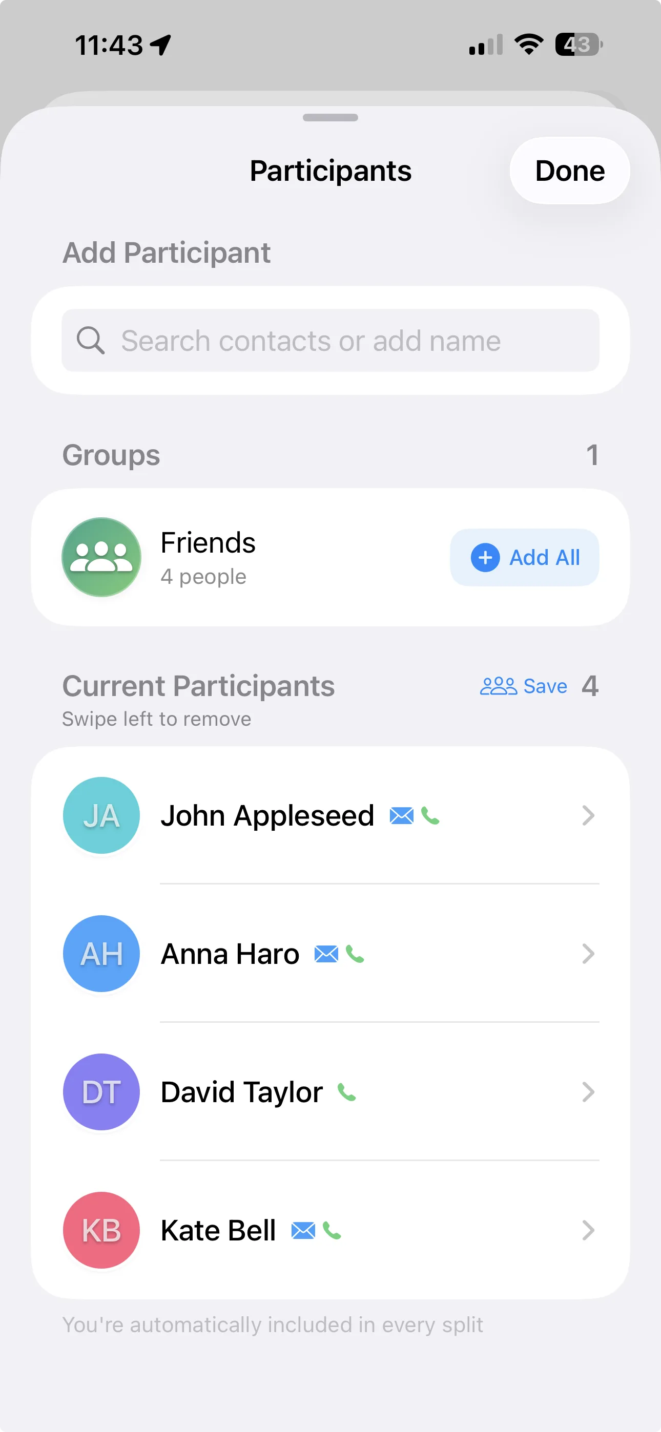 Participant management with saved groups