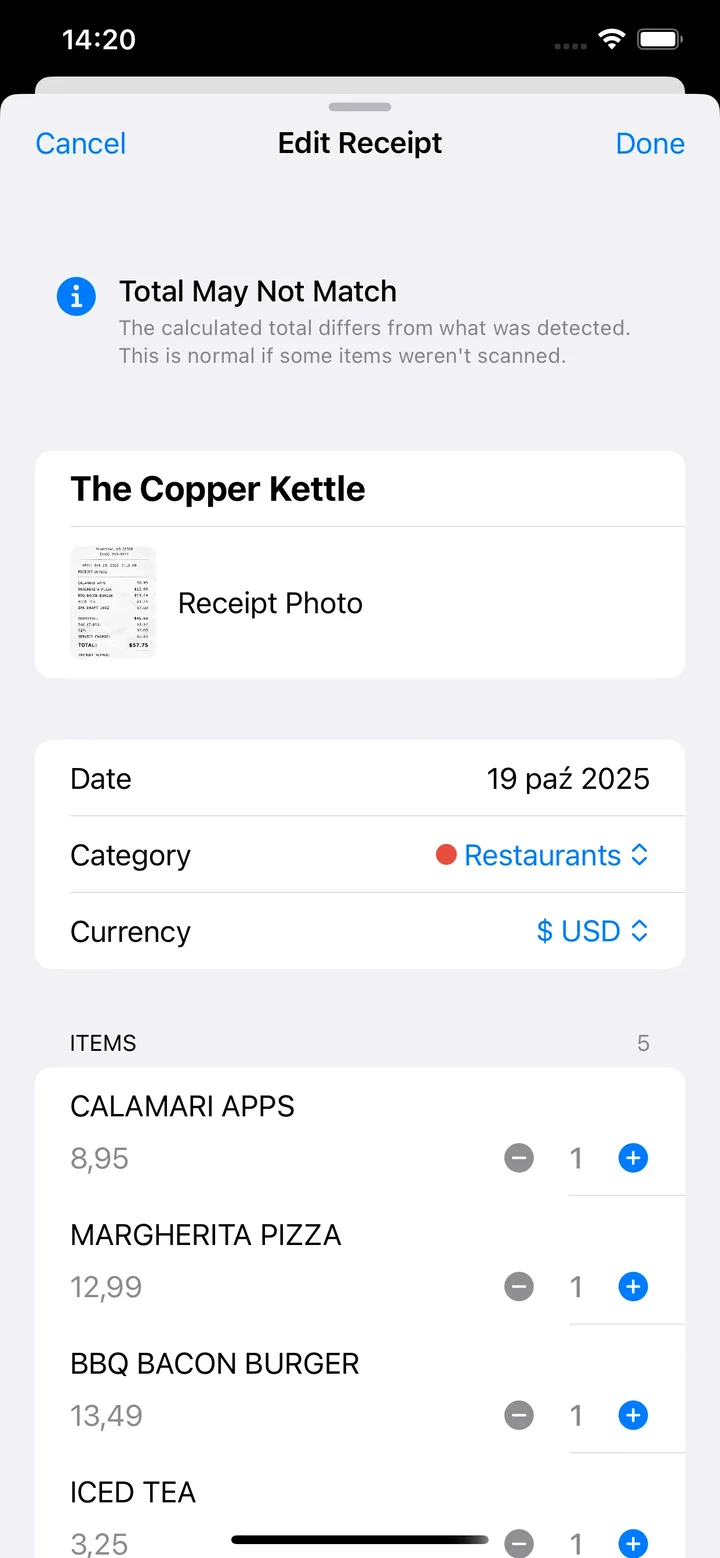 AI-parsed receipt showing items and prices