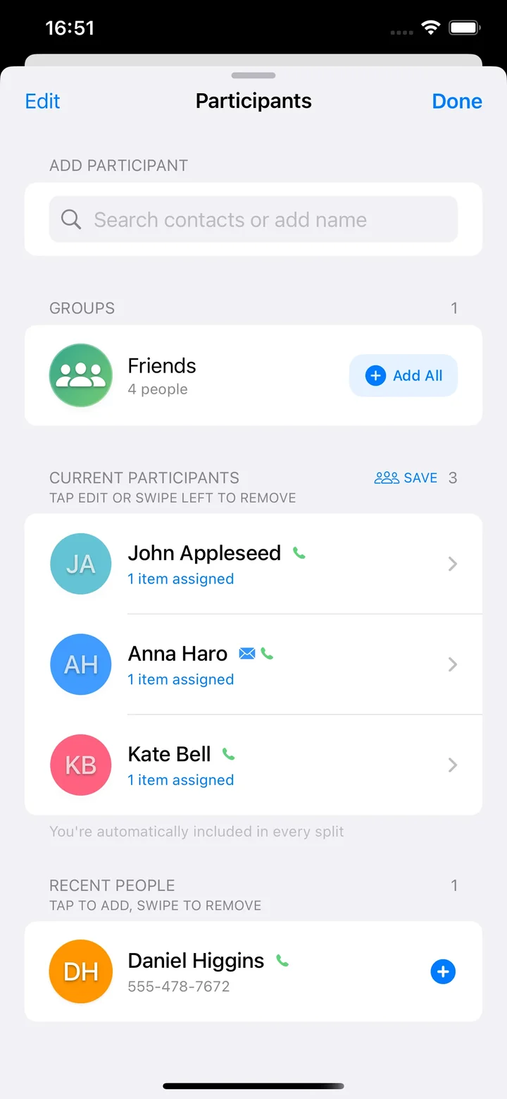 Participant management with groups and contact integration