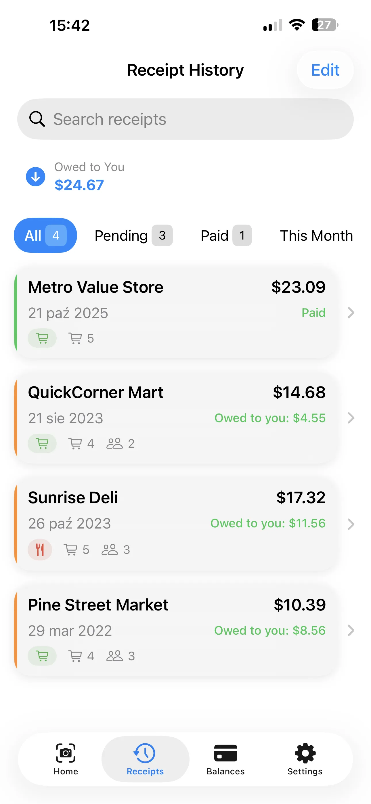List of past receipts