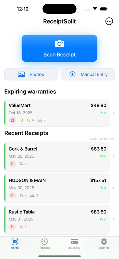 Home tab showing Expiring warranties section with a ValueMart receipt above Recent Receipts
