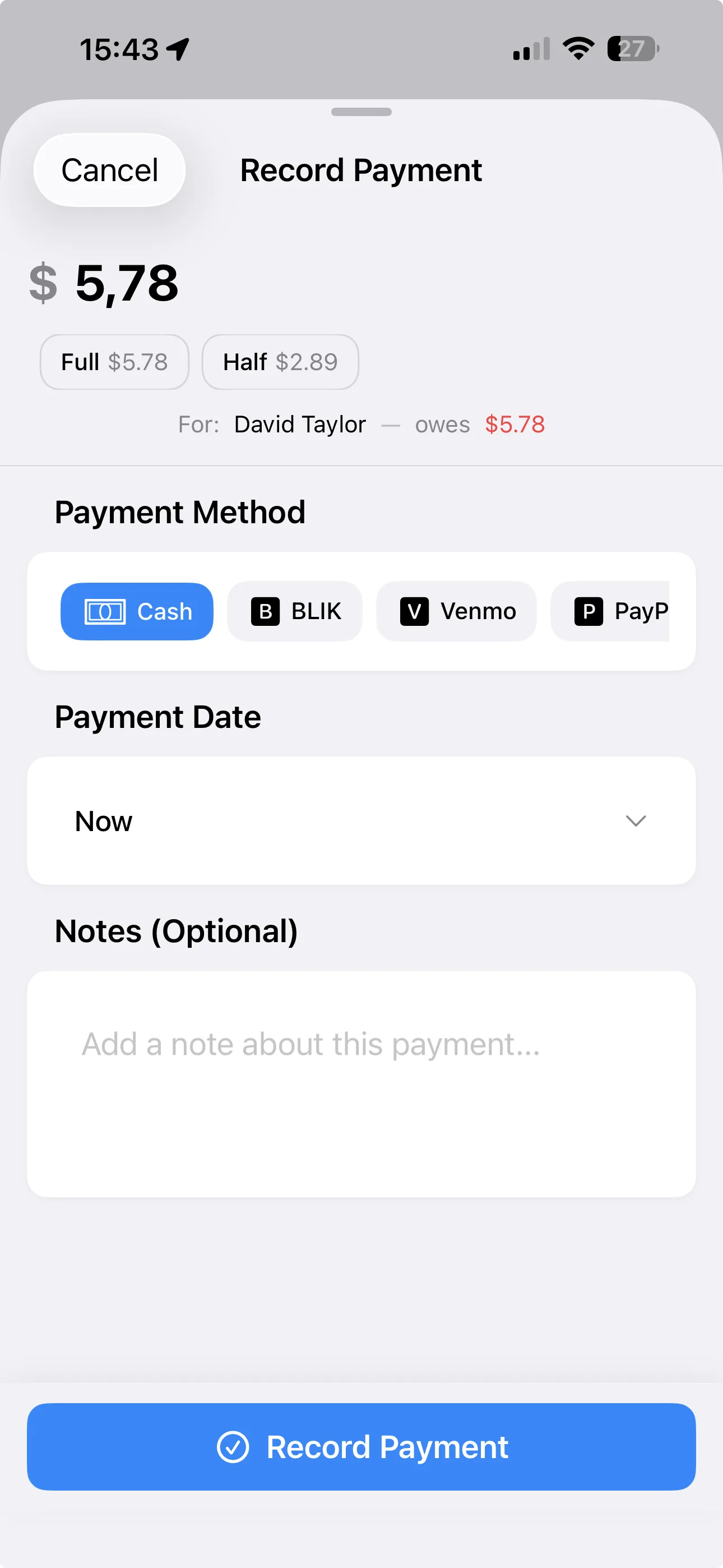 Recording a payment from a friend