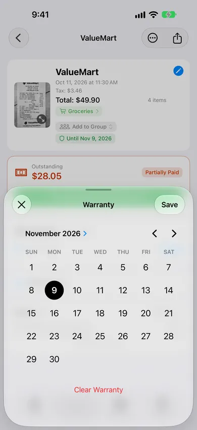 Warranty date picker open on a ValueMart receipt