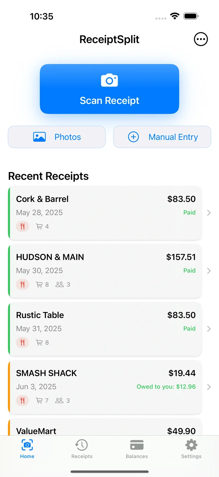 ReceiptSplit Startbildschirm mit letzten Belegen und Scan-Button