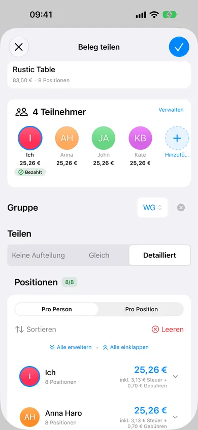 Die ReceiptSplit-App zeigt Lebensmittelpositionen, die verschiedenen Mitbewohnern zugewiesen sind