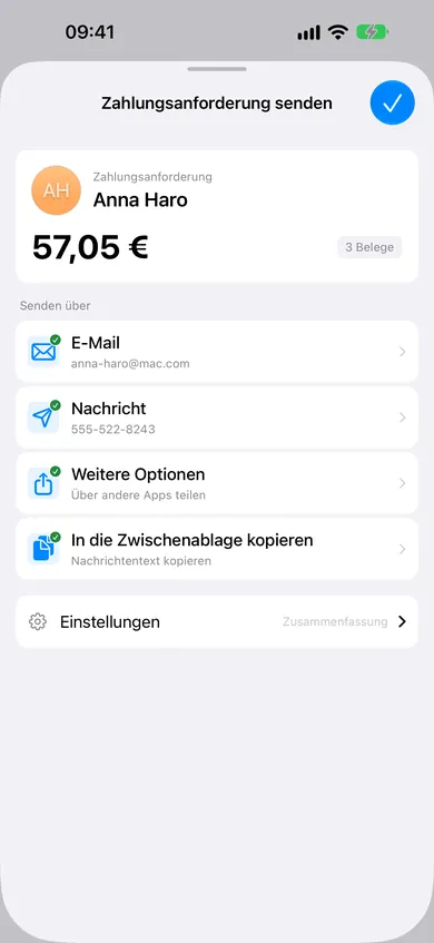 ReceiptSplit-Zahlungsanforderungsbildschirm mit detaillierter Aufschlüsselung, bereit zum Senden per SMS oder E-Mail