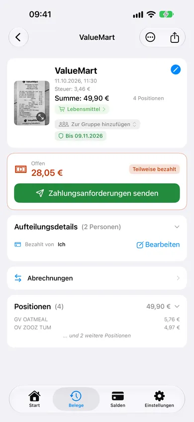 ReceiptSplit zeigt KI-erkannte Positionen von einem gescannten Beleg