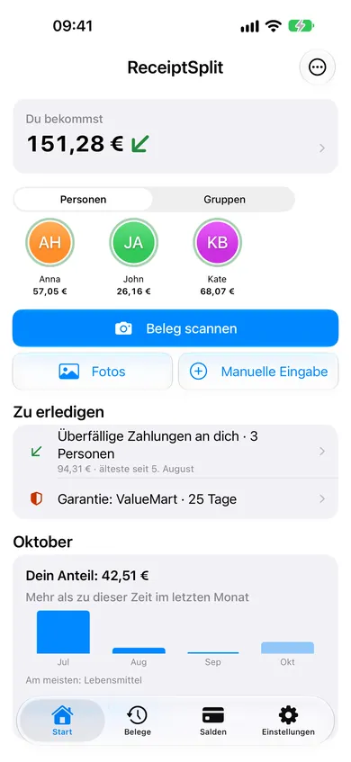 Startbildschirm mit einer Erinnerung an die Garantie eines ValueMart-Belegs unter „Zu erledigen“