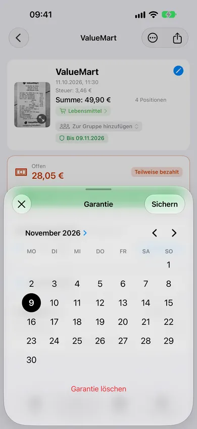 Garantie-Datumsauswahl geöffnet auf einem ValueMart-Beleg