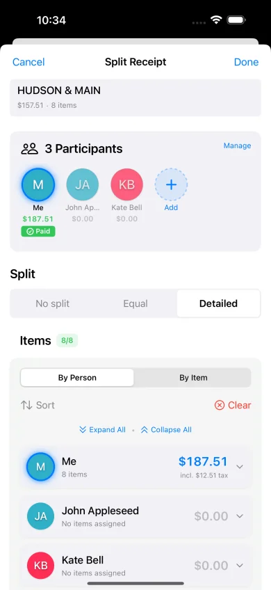 App ReceiptSplit mostrando artículos asignados a distintas personas con totales individuales