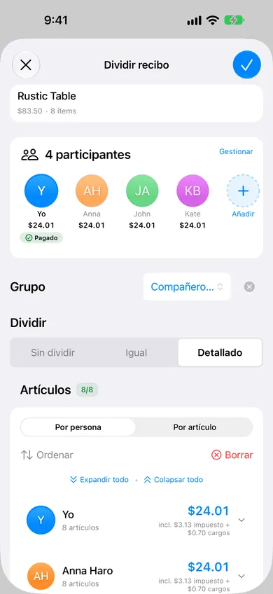 App ReceiptSplit mostrando artículos asignados a distintas personas con totales individuales
