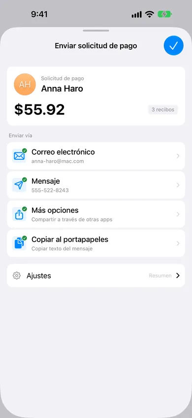Pantalla de solicitud de pago de ReceiptSplit mostrando desglose detallado listo para enviar por SMS o correo