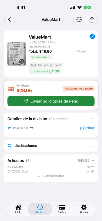 ReceiptSplit mostrando los artículos detectados por IA en un recibo escaneado