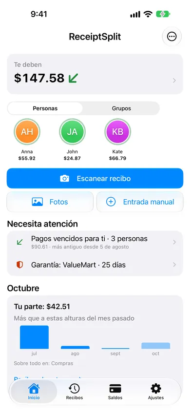 Pantalla de inicio con un aviso de la garantía de un recibo de ValueMart en «Necesita atención»