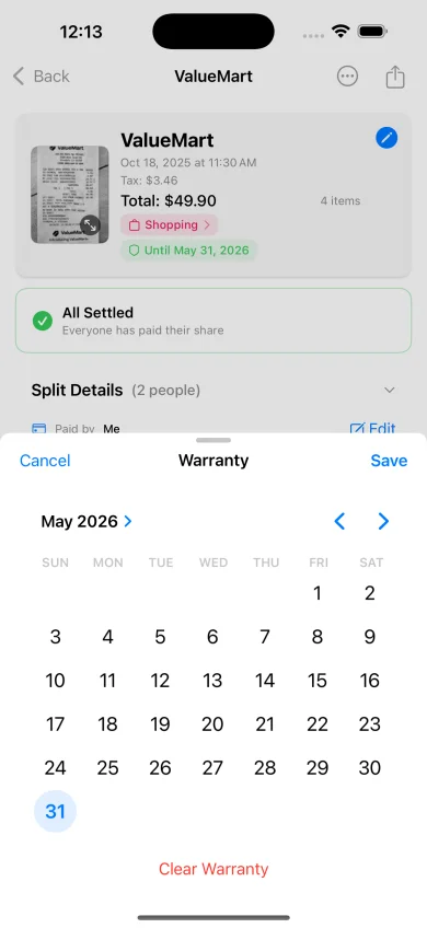 Selector de fecha de garantía abierto en un recibo de ValueMart, por defecto a mayo de 2026