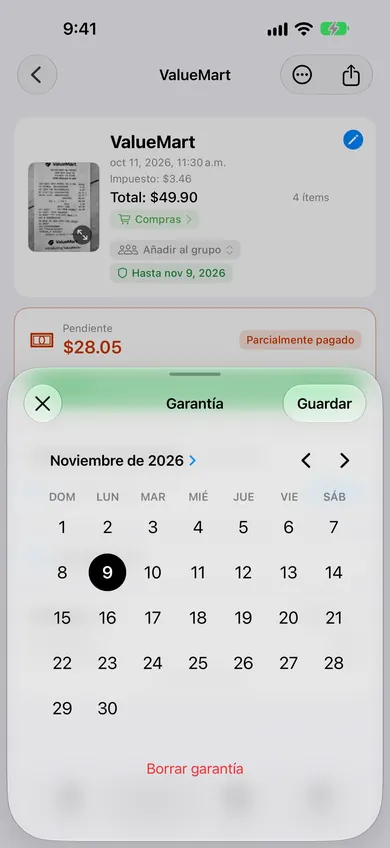 Selector de fecha de garantía abierto en un recibo de ValueMart