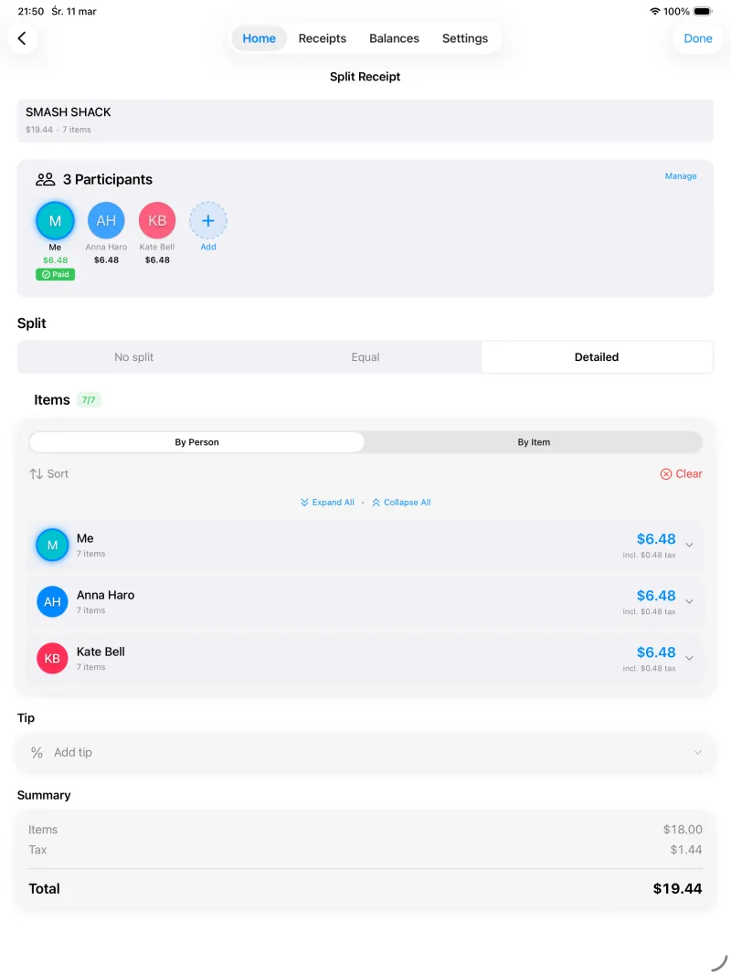 Vista de división de ReceiptSplit en iPad mostrando el diseño espacioso para asignar artículos