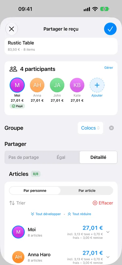 L'appli ReceiptSplit affichant des articles de courses attribués à différents colocataires