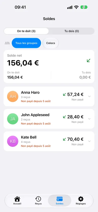 Récapitulatif des dettes ReceiptSplit indiquant qui doit quoi sur les dépenses partagées