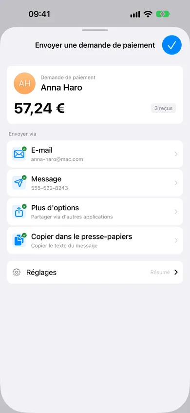 Écran de demande de paiement ReceiptSplit affichant un détail ligne par ligne prêt à envoyer par SMS ou e-mail
