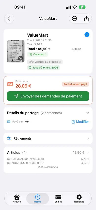 ReceiptSplit affichant les articles détectés par l'IA à partir d'un reçu scanné