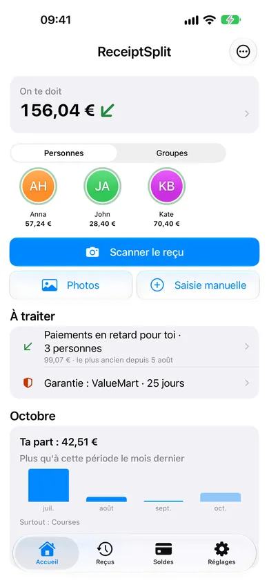 Écran d'accueil avec un rappel de la garantie d'un reçu ValueMart dans « À traiter »