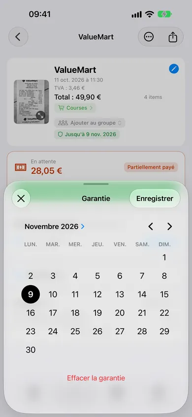 Sélecteur de date de garantie ouvert sur un reçu ValueMart