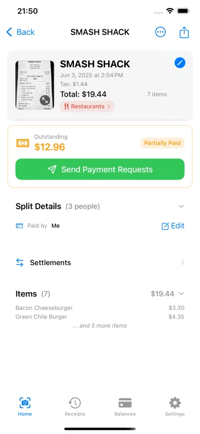 ReceiptSplit che mostra gli articoli rilevati dall'IA da una ricevuta scansionata