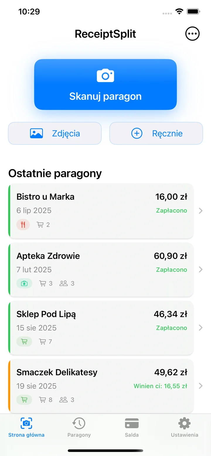 Ekran główny ReceiptSplit z ostatnimi paragonami i przyciskiem skanowania