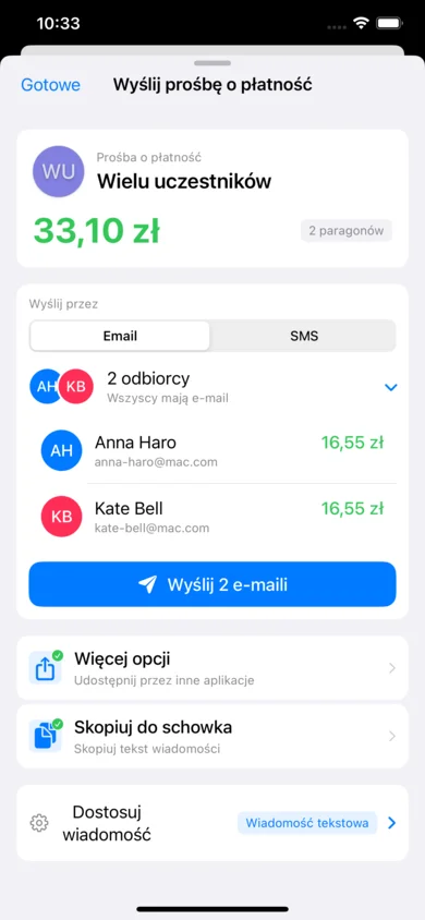 Prośba o płatność w ReceiptSplit z wypełnionymi linkami do Venmo i PayPal