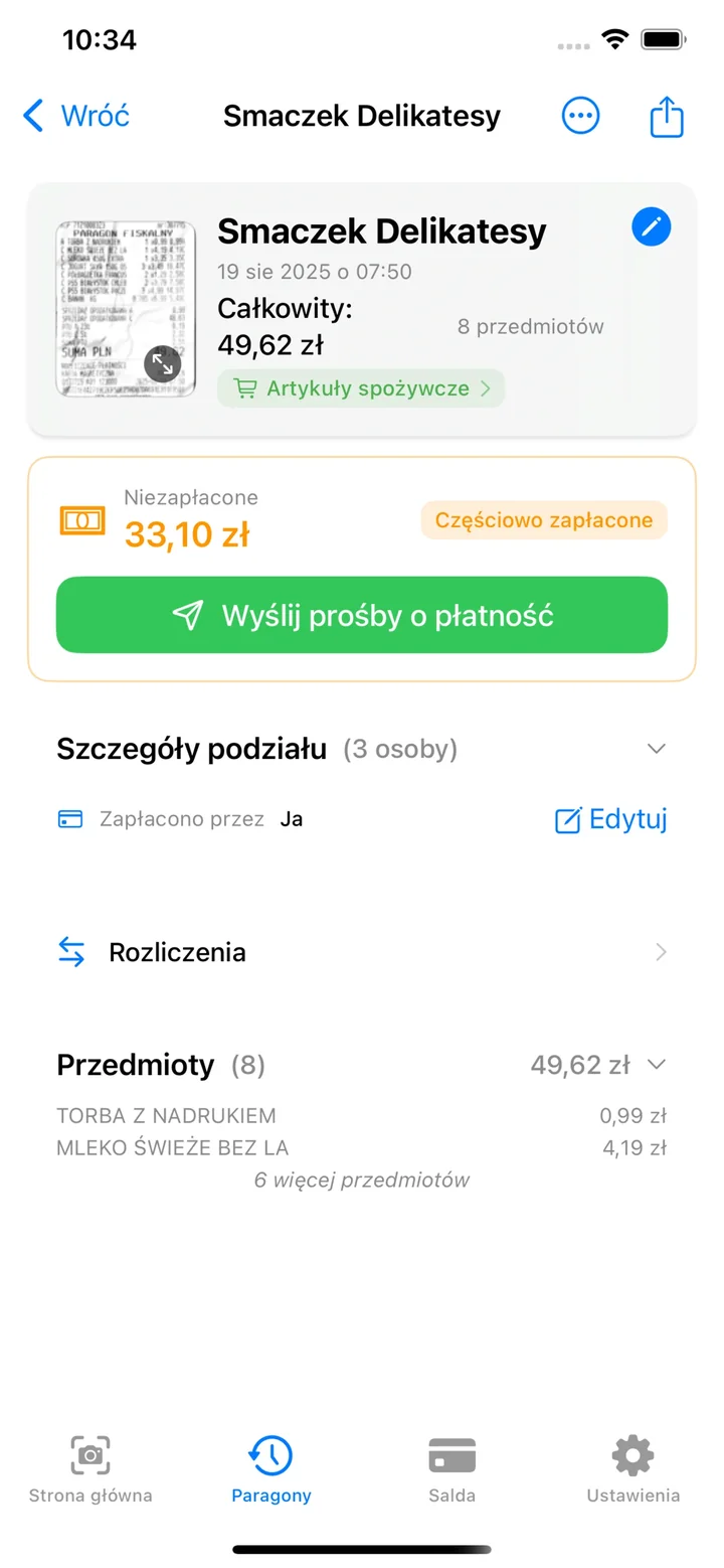 Szczegóły paragonu z odczytanymi pozycjami, podziałem i statusem płatności