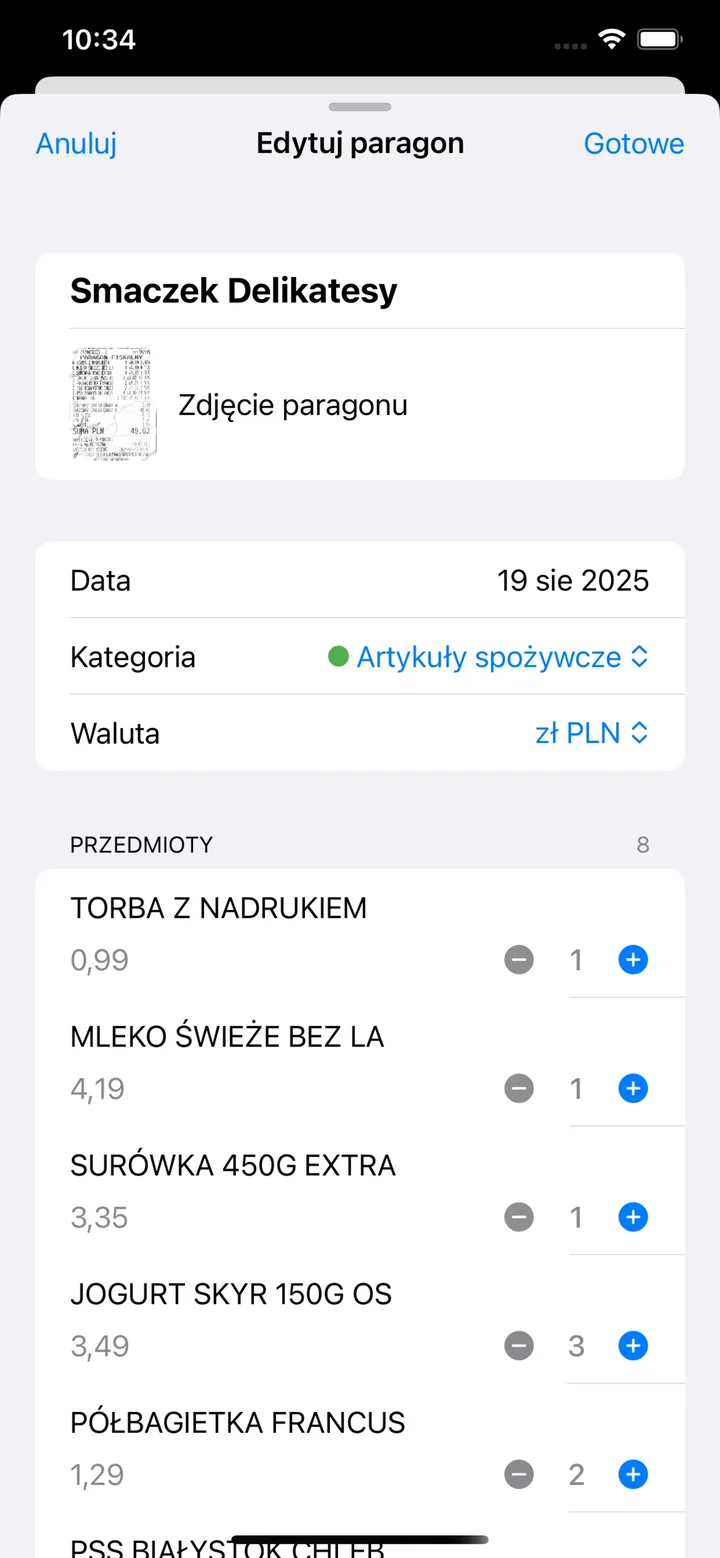 Paragon odczytany przez AI z pozycjami i cenami