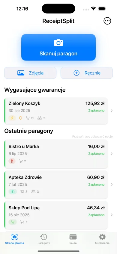 Ekran główny z sekcją Wygasające gwarancje i paragonem z Zielonego Koszyka nad Ostatnimi paragonami