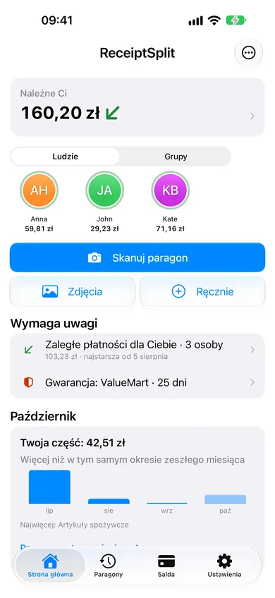 Ekran główny z przypomnieniem o gwarancji paragonu ValueMart w sekcji „Wymaga uwagi”