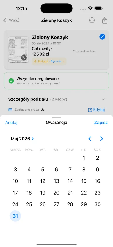 Wybór daty gwarancji na paragonie z Zielonego Koszyka, domyślnie na maj 2026