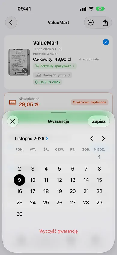 Wybór daty gwarancji na paragonie ValueMart