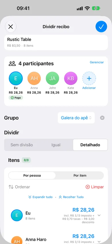 App ReceiptSplit mostrando itens atribuídos a pessoas diferentes com totais individuais