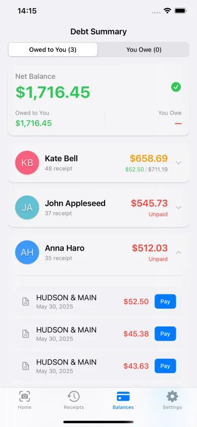 Resumo de dívidas do ReceiptSplit mostrando quem deve o quê em despesas compartilhadas