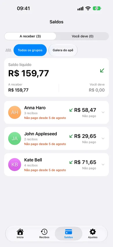 Resumo de dívidas do ReceiptSplit mostrando quem deve o quê em despesas compartilhadas