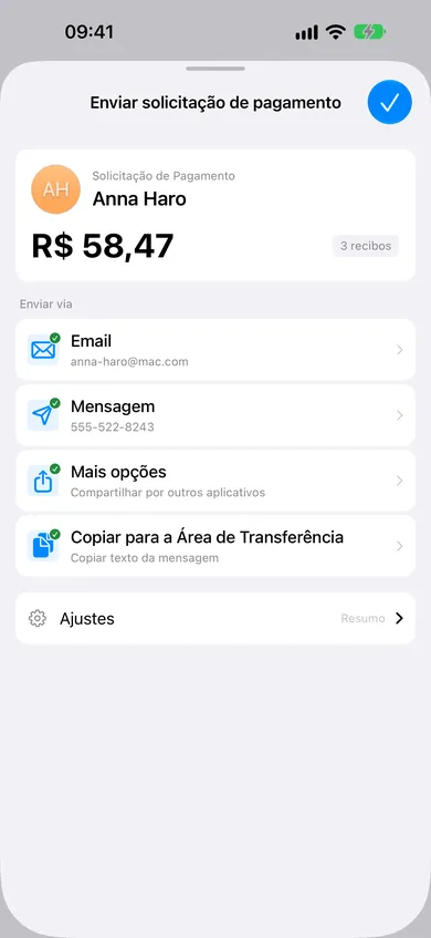 Tela de solicitação de pagamento do ReceiptSplit mostrando o detalhamento item a item pronto para enviar por SMS ou e-mail