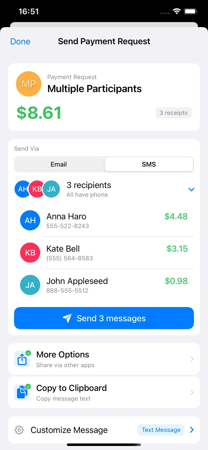 Envio de solicitações de pagamento para vários destinatários por e-mail