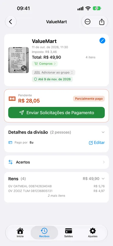 ReceiptSplit mostrando os itens detectados pela IA em um recibo escaneado