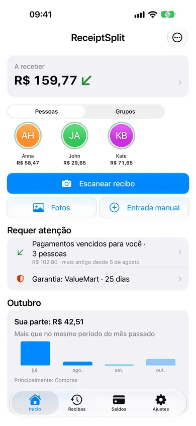 Tela inicial com um lembrete da garantia de uma nota fiscal da ValueMart em “Requer atenção”